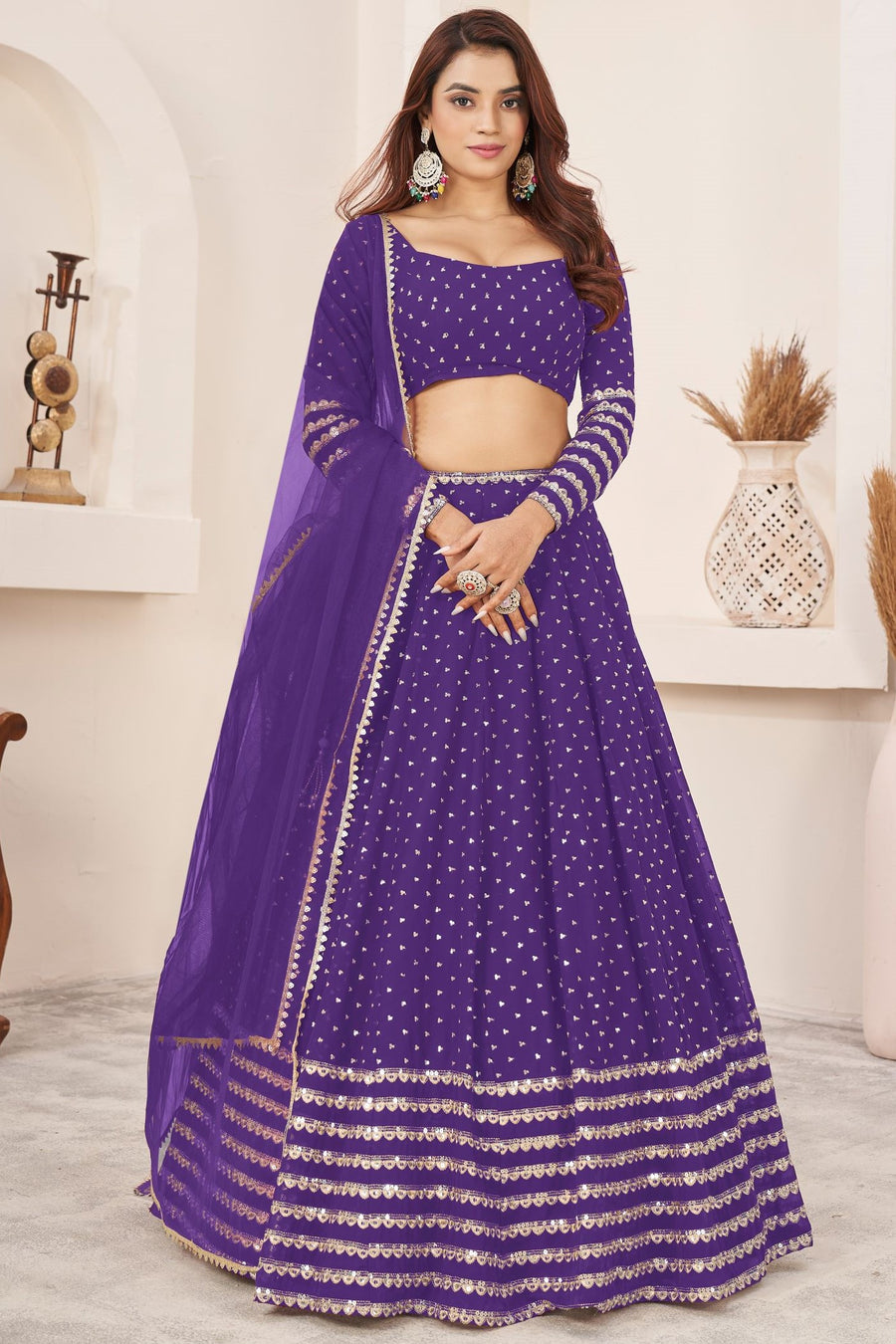 Violet Georgette Embroidered Lehenga Choli with Zari and Sequins Work