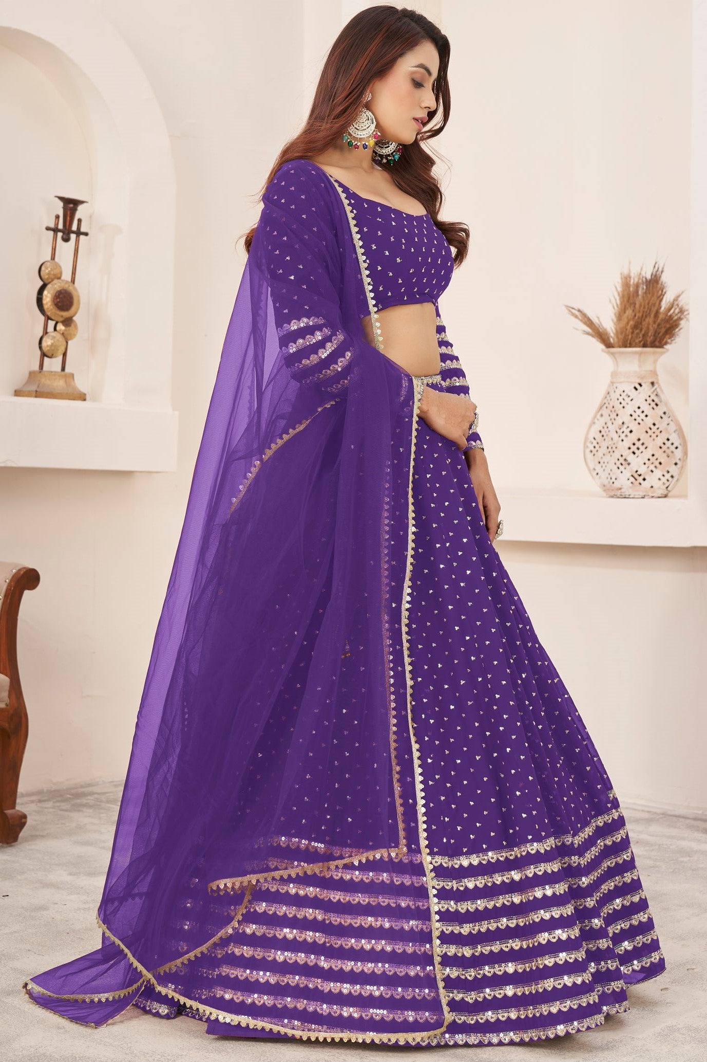 Violet Georgette Embroidered Lehenga Choli with Zari and Sequins Work