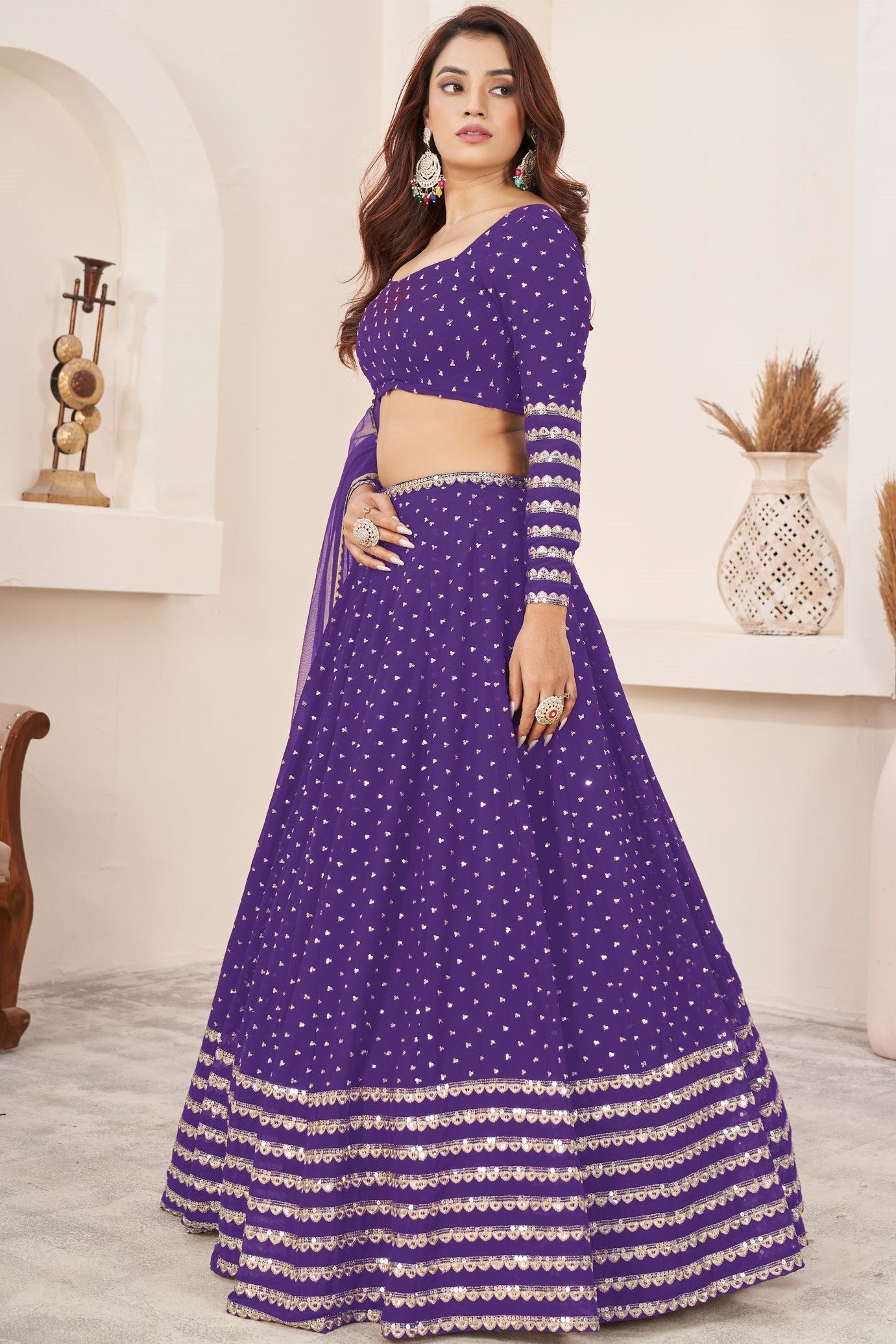 Violet Georgette Embroidered Lehenga Choli with Zari and Sequins Work