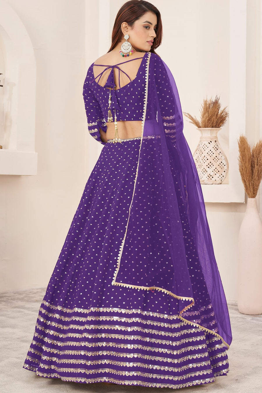 Violet Georgette Embroidered Lehenga Choli with Zari and Sequins Work
