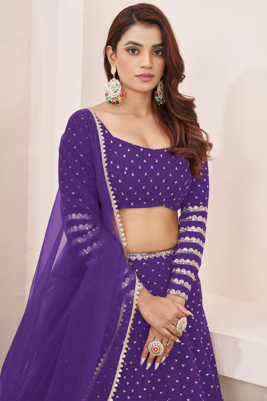Violet Georgette Embroidered Lehenga Choli with Zari and Sequins Work