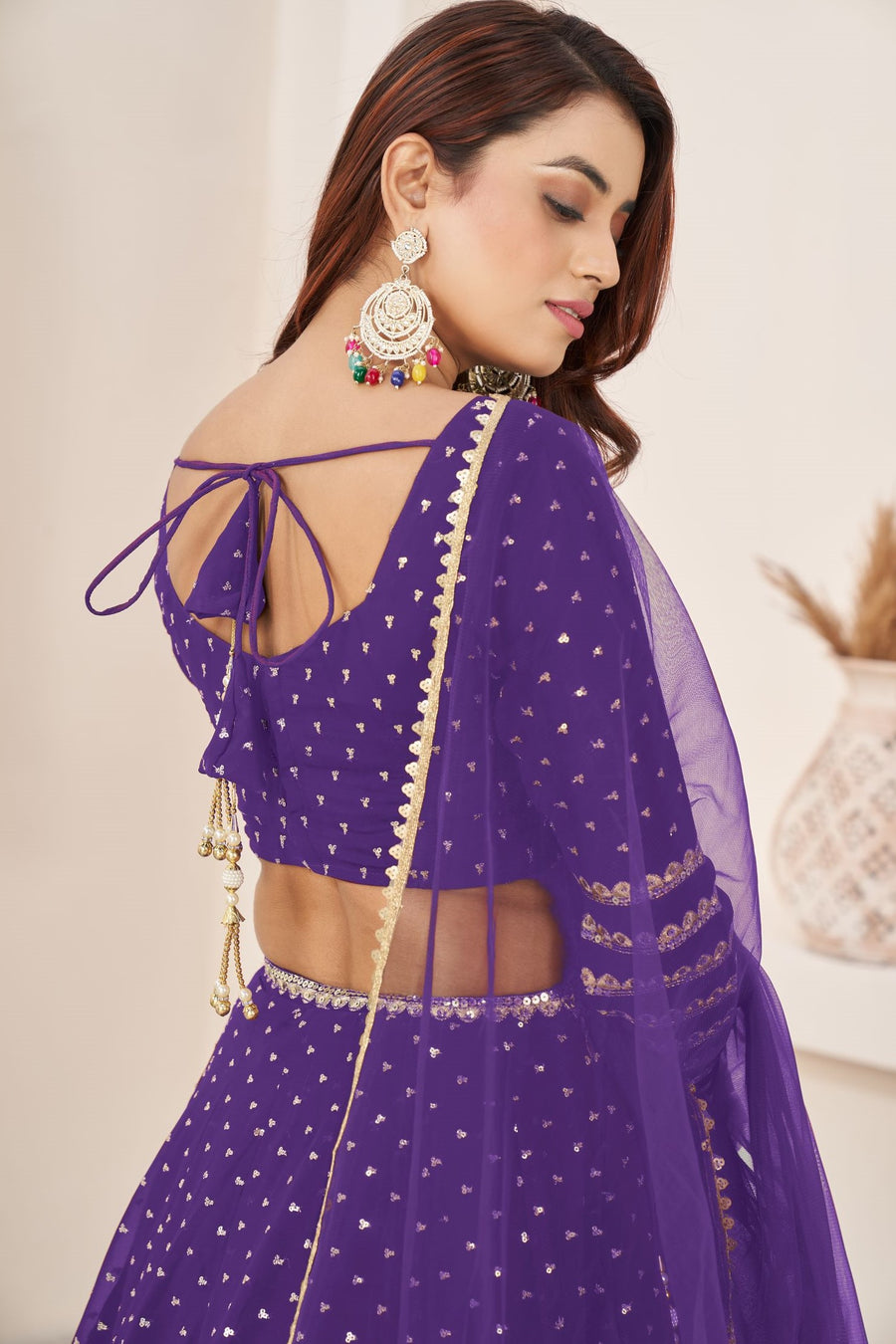 Violet Georgette Embroidered Lehenga Choli with Zari and Sequins Work