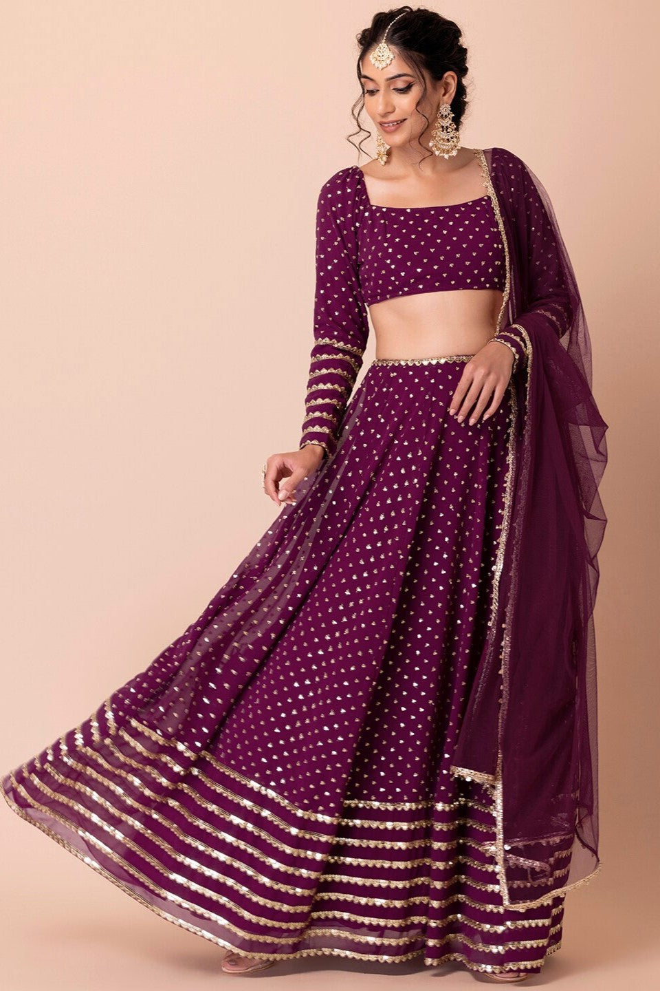 Wine Georgette Lehenga Choli For Indian Festivals & Pakistani Weddings Dress - Sequence Embroidery Work, Zari Work