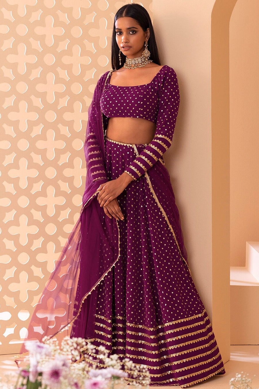 Wine Georgette Lehenga Choli For Indian Festivals & Pakistani Weddings Dress - Sequence Embroidery Work, Zari Work