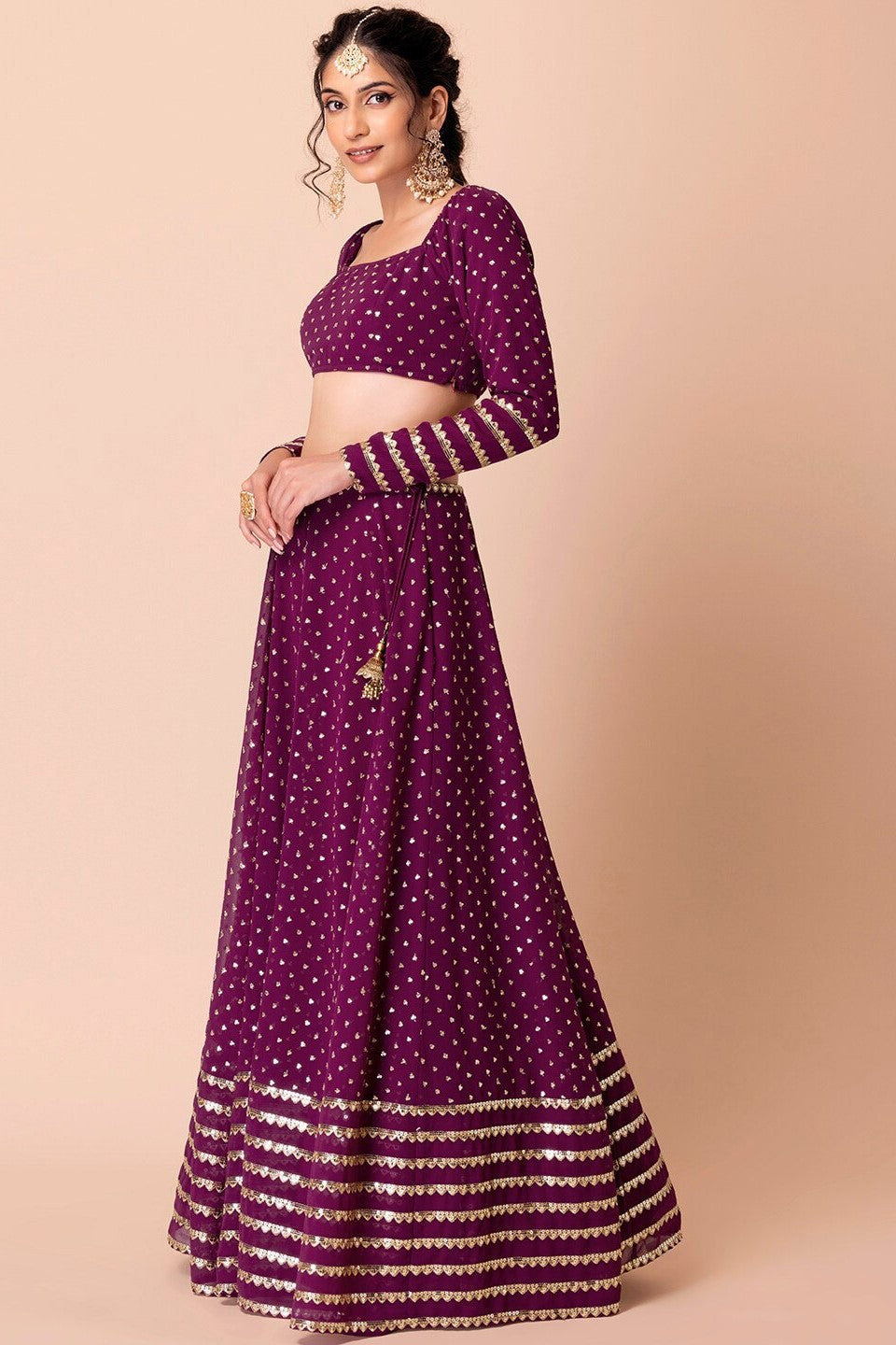 Wine Georgette Lehenga Choli For Indian Festivals & Pakistani Weddings Dress - Sequence Embroidery Work, Zari Work