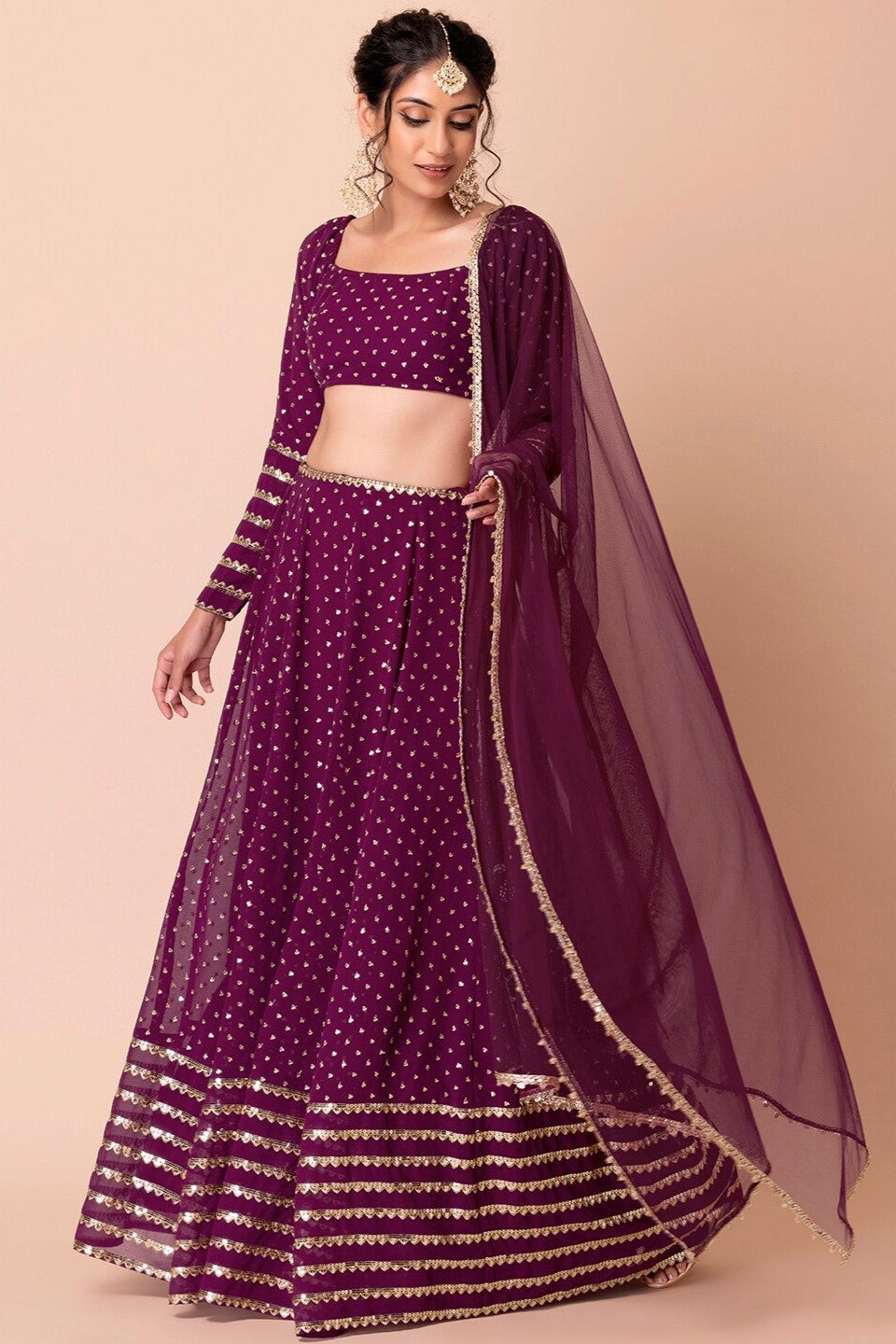 Wine Georgette Lehenga Choli For Indian Festivals & Pakistani Weddings Dress - Sequence Embroidery Work, Zari Work