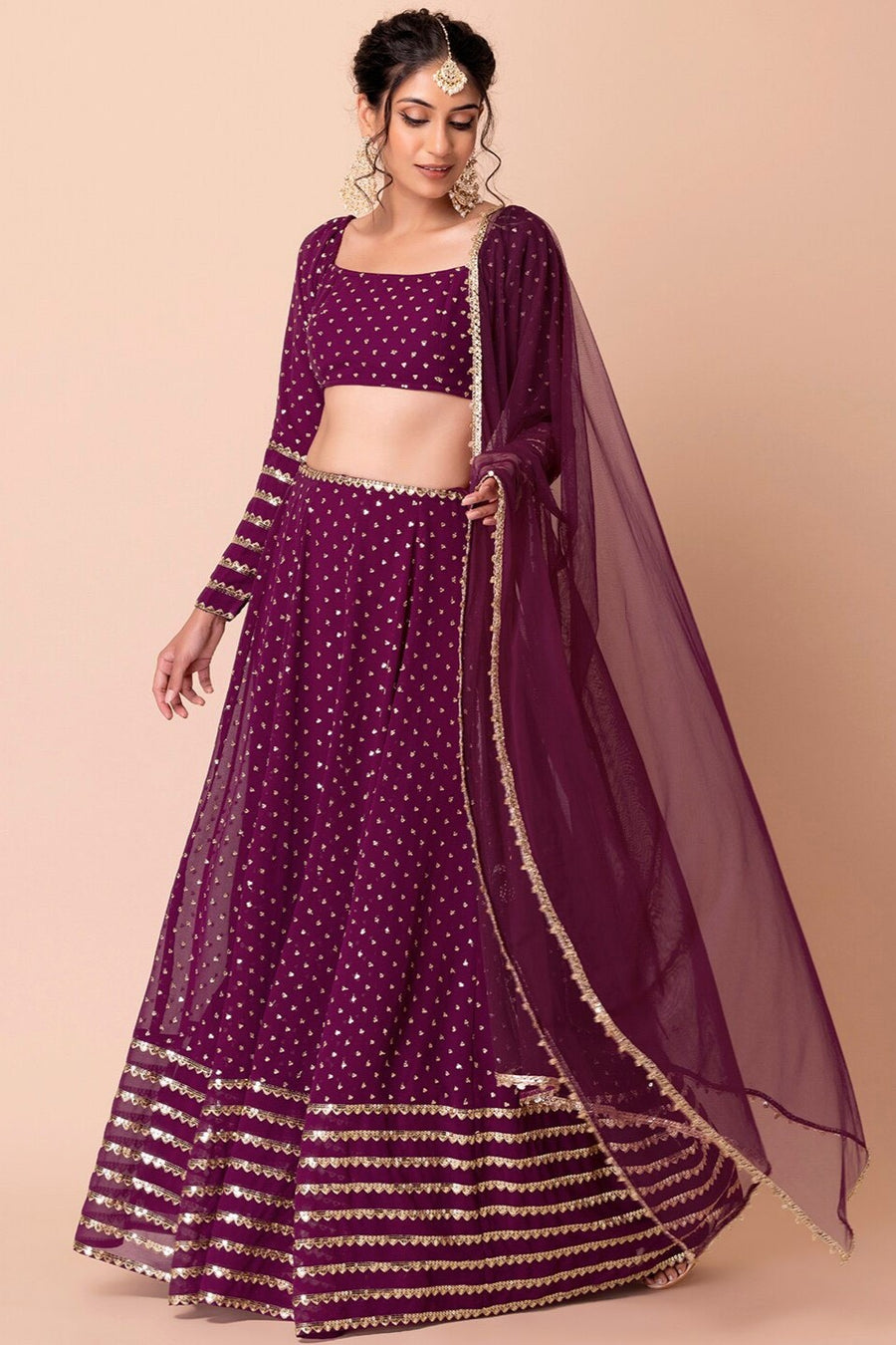 Wine Georgette Lehenga Choli For Indian Festivals & Pakistani Weddings Dress - Sequence Embroidery Work, Zari Work