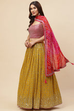 Yellow Pink Georgette Lehenga Choli For Indian & Pakistani Wedding Festival - Zari Work, Sequence Embroidery Work, Print Work