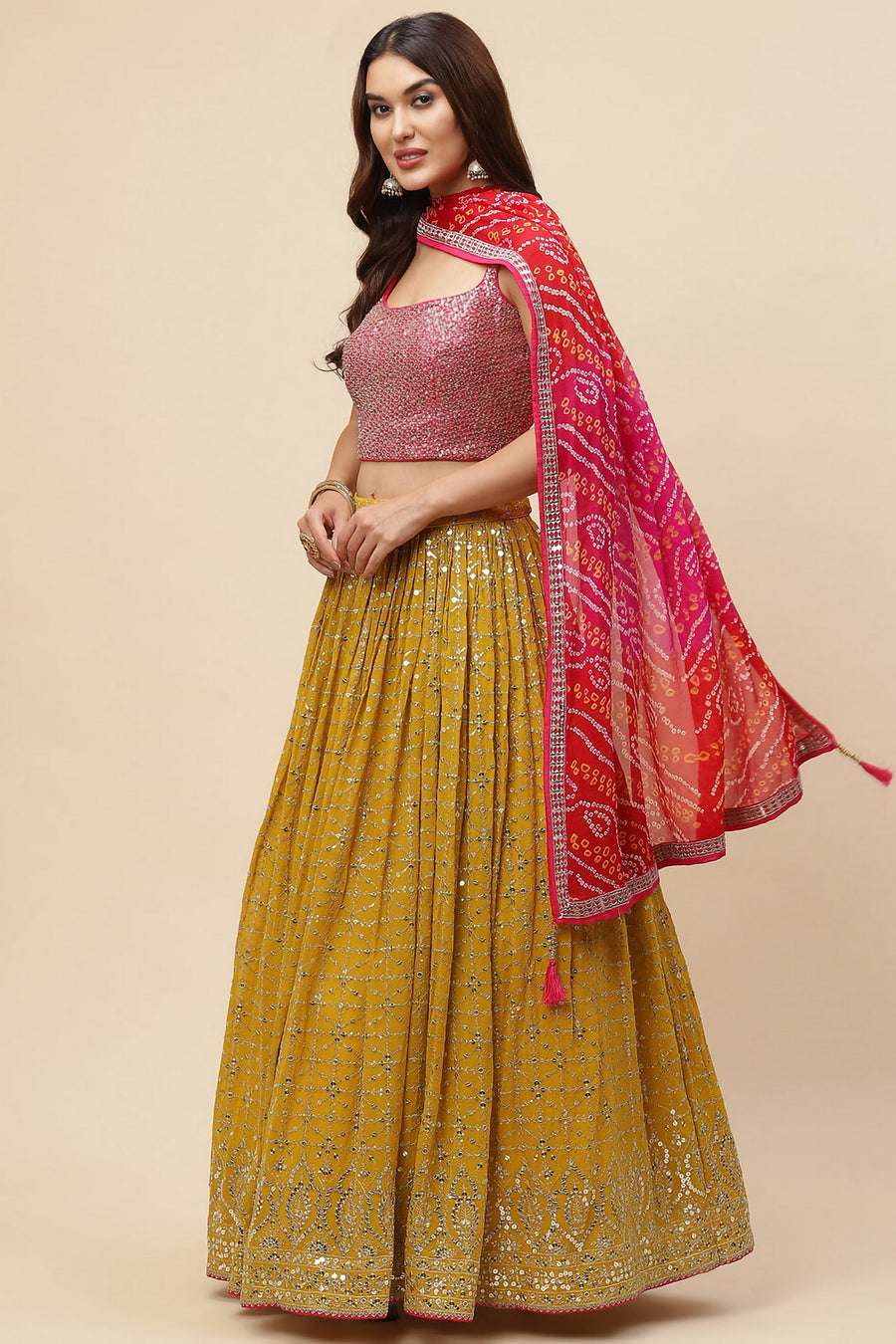 Yellow Pink Georgette Lehenga Choli For Indian & Pakistani Wedding Festival - Zari Work, Sequence Embroidery Work, Print Work
