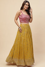 Yellow Pink Georgette Lehenga Choli For Indian & Pakistani Wedding Festival - Zari Work, Sequence Embroidery Work, Print Work