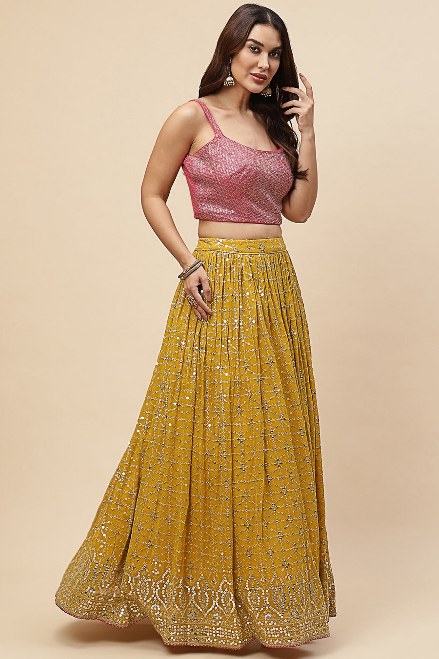 Yellow Pink Georgette Lehenga Choli For Indian & Pakistani Wedding Festival - Zari Work, Sequence Embroidery Work, Print Work