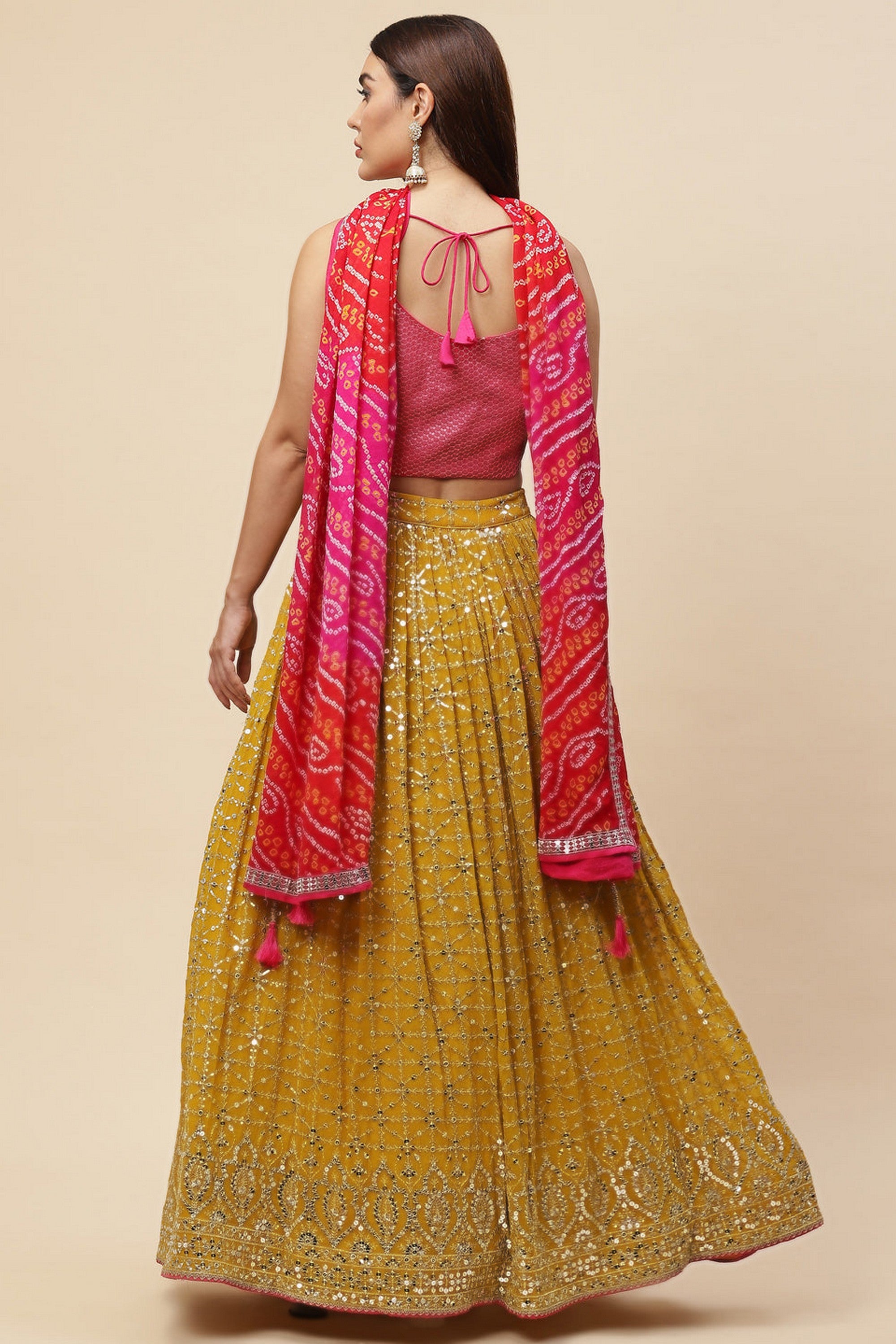 Yellow Pink Georgette Lehenga Choli For Indian & Pakistani Wedding Festival - Zari Work, Sequence Embroidery Work, Print Work