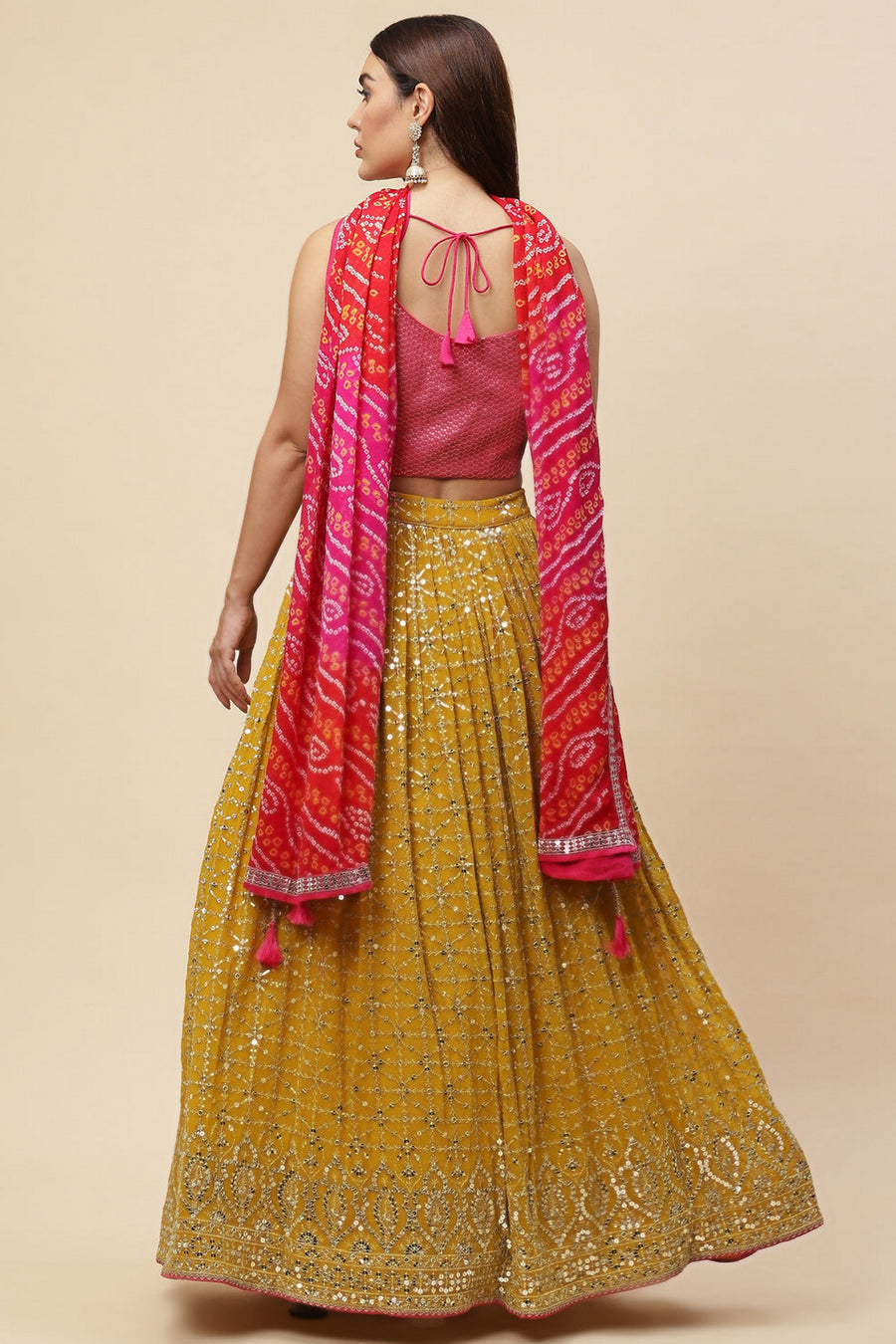 Yellow Pink Georgette Lehenga Choli For Indian & Pakistani Wedding Festival - Zari Work, Sequence Embroidery Work, Print Work