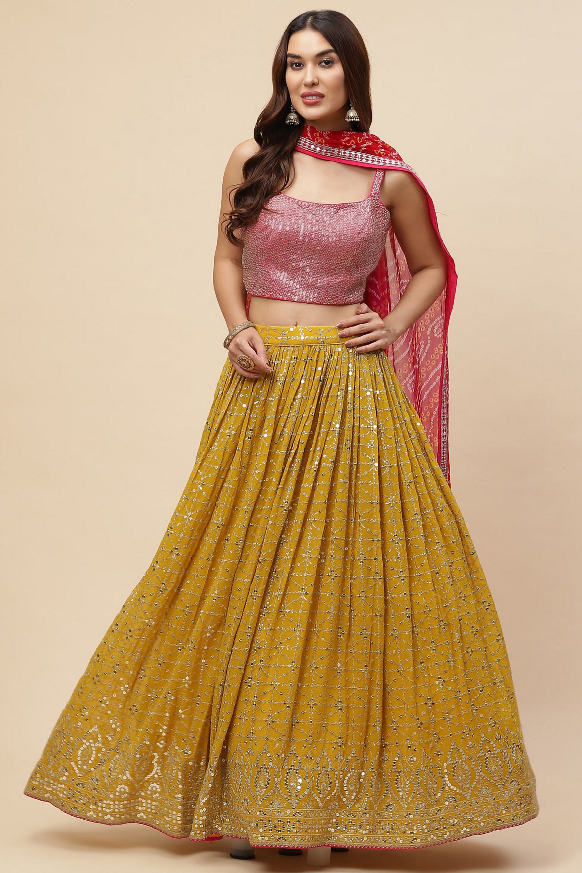 Yellow Pink Georgette Lehenga Choli For Indian & Pakistani Wedding Festival - Zari Work, Sequence Embroidery Work, Print Work