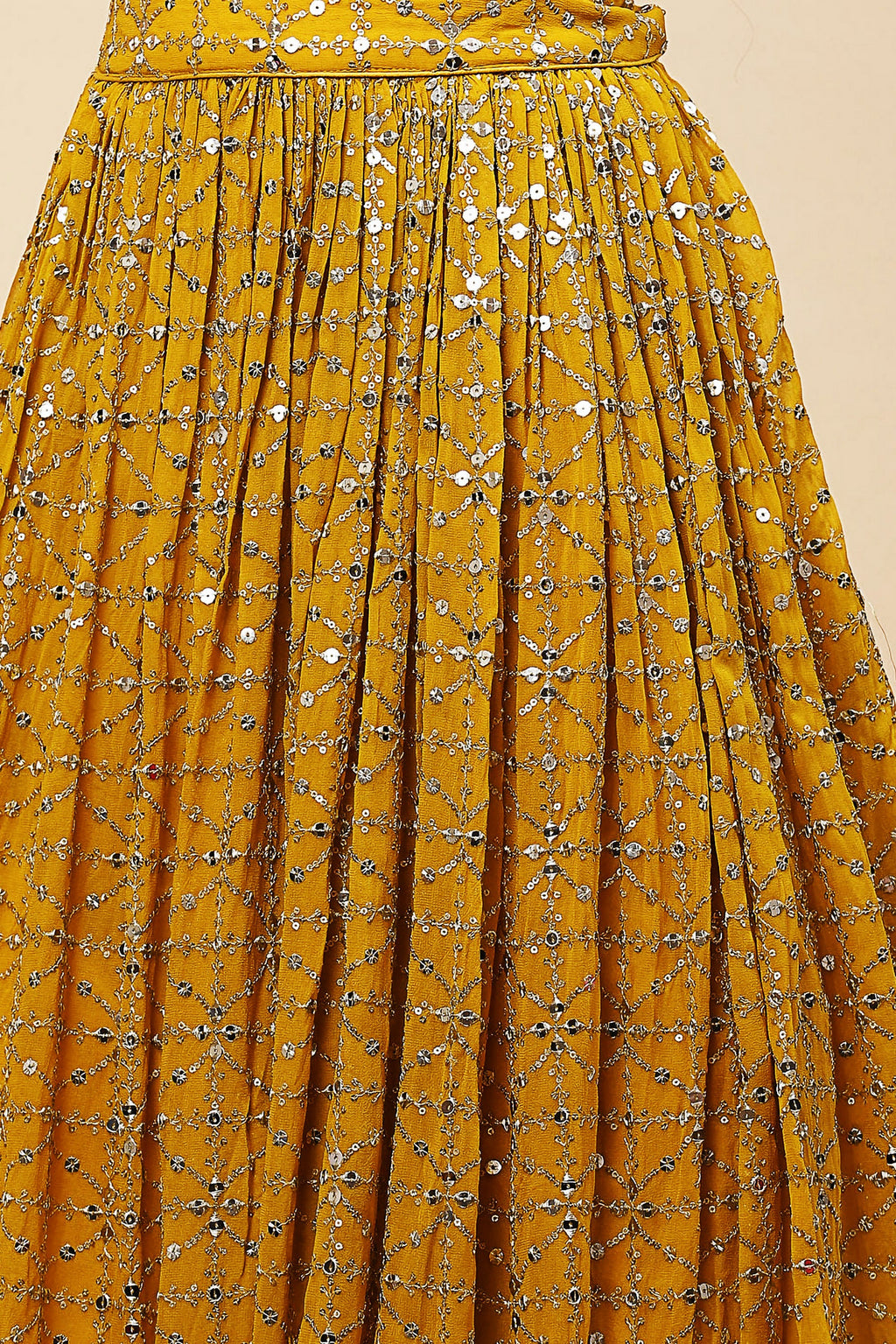Yellow Pink Georgette Lehenga Choli For Indian & Pakistani Wedding Festival - Zari Work, Sequence Embroidery Work, Print Work