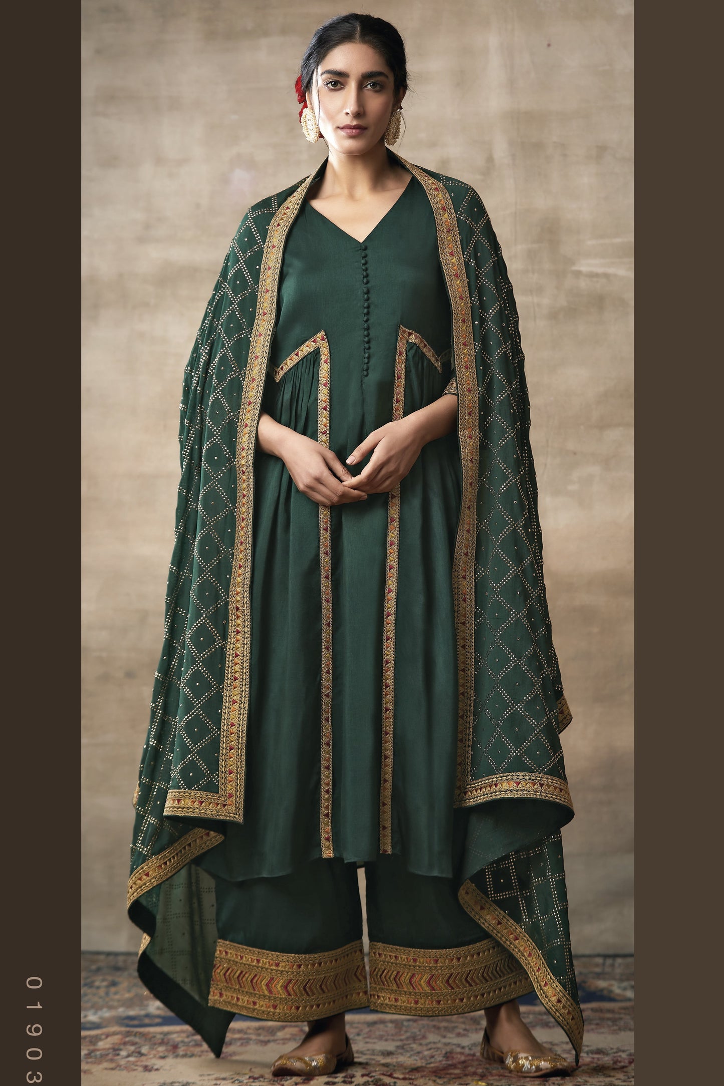 Dark Green Tusser Silk Kameez with Plazzo For Indian Suit Festivals & Pakistani Weddings - Embroidery Work, Mukaish Work