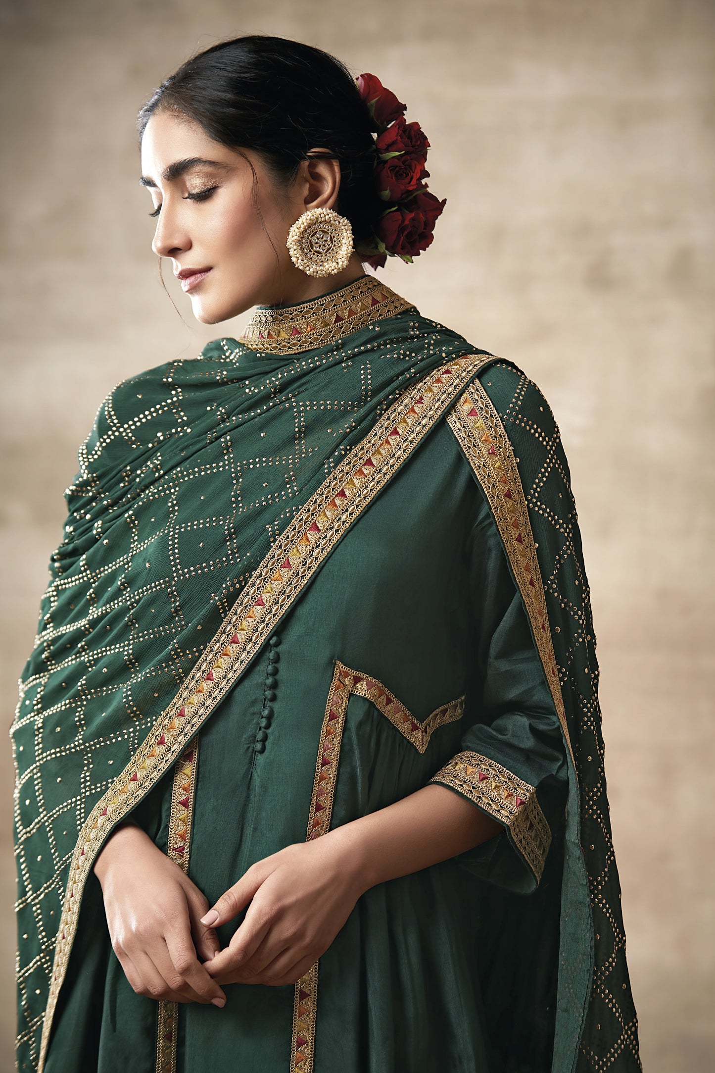 Dark Green Tusser Silk Kameez with Plazzo For Indian Suit Festivals & Pakistani Weddings - Embroidery Work, Mukaish Work