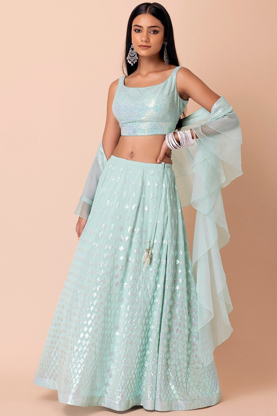 Light Blue Georgette Lehenga Choli For Indian Festivals & Pakistani Weddings Dress - Sequence Embroidery Work, Zari Work