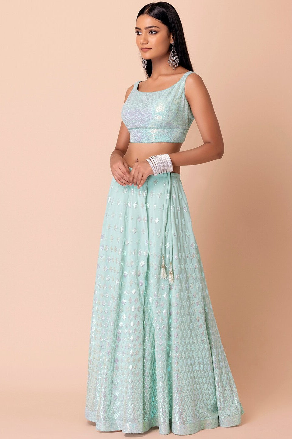 Light Blue Georgette Lehenga Choli For Indian Festivals & Pakistani Weddings Dress - Sequence Embroidery Work, Zari Work