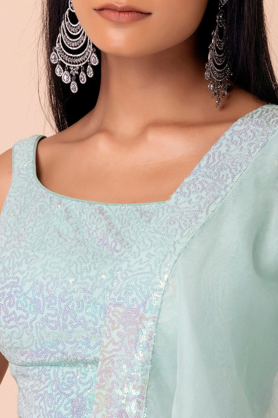 Light Blue Georgette Lehenga Choli For Indian Festivals & Pakistani Weddings Dress - Sequence Embroidery Work, Zari Work