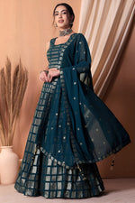 Teal Georgette Lehenga Choli with Thread and Sequins Embroidery