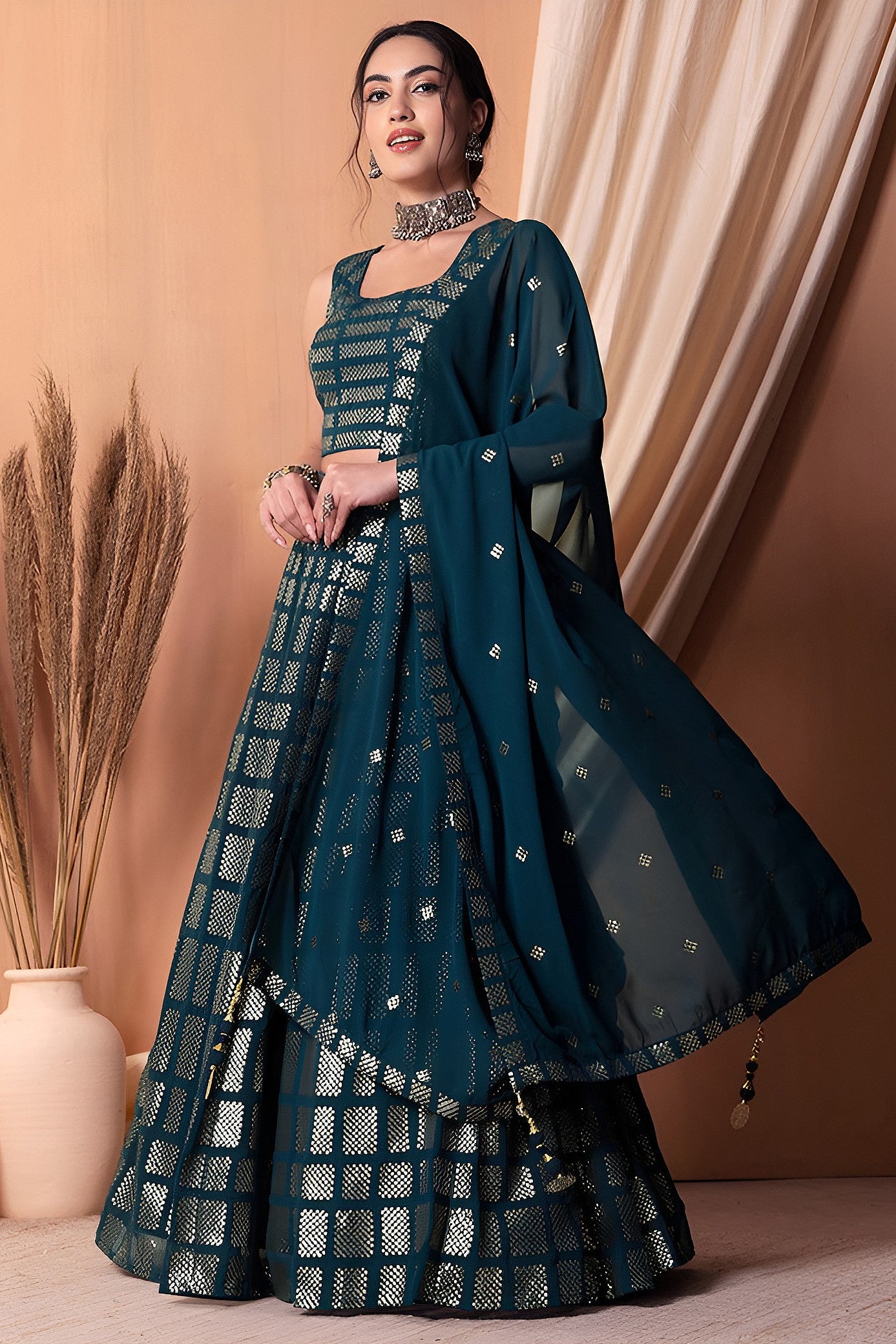 Teal Georgette Lehenga Choli with Thread and Sequins Embroidery