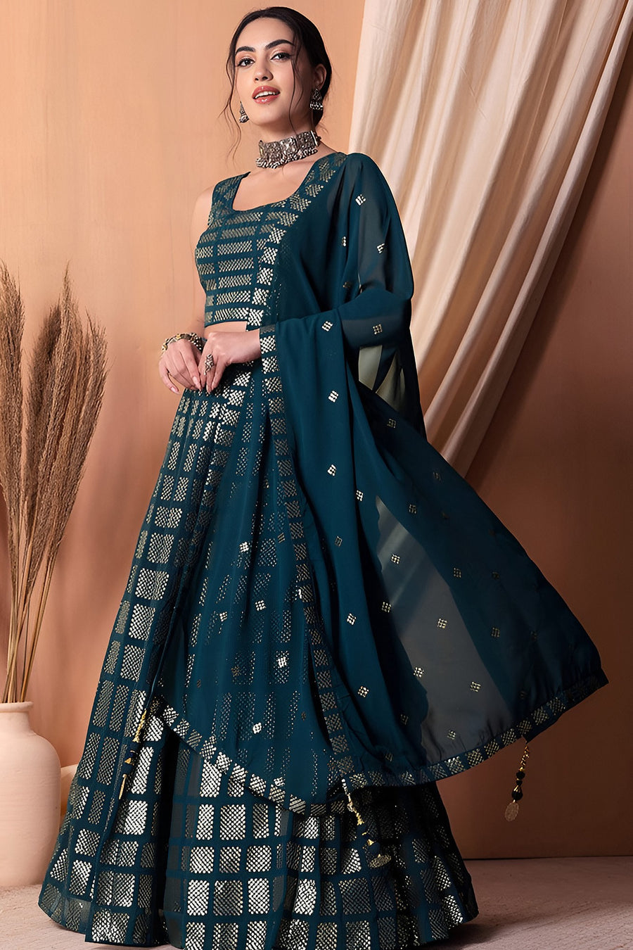 Teal Georgette Lehenga Choli with Thread and Sequins Embroidery