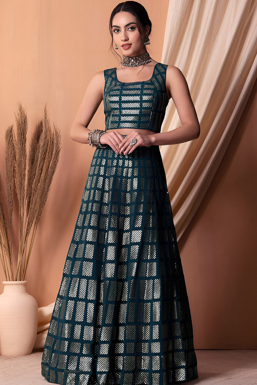 Teal Georgette Lehenga Choli with Thread and Sequins Embroidery