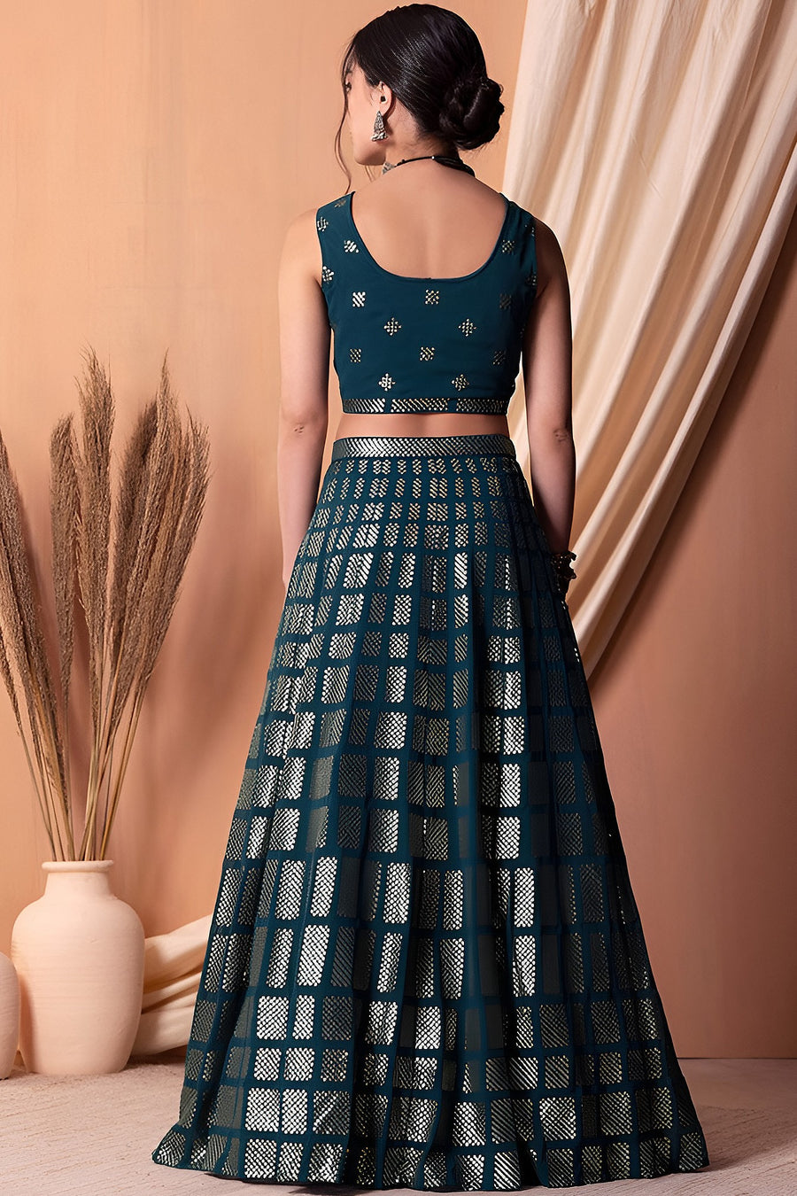 Teal Georgette Lehenga Choli with Thread and Sequins Embroidery