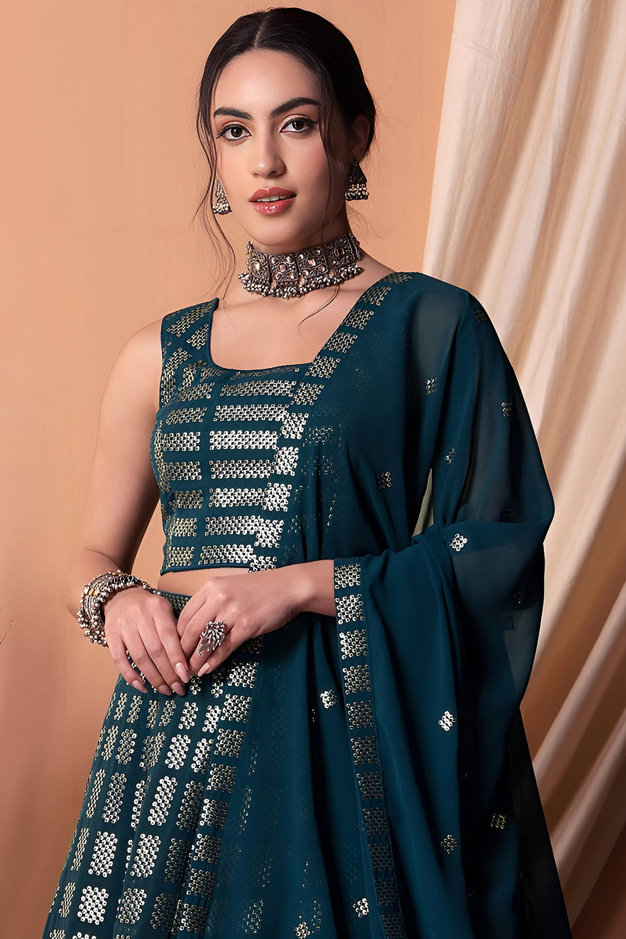 Teal Georgette Lehenga Choli with Thread and Sequins Embroidery