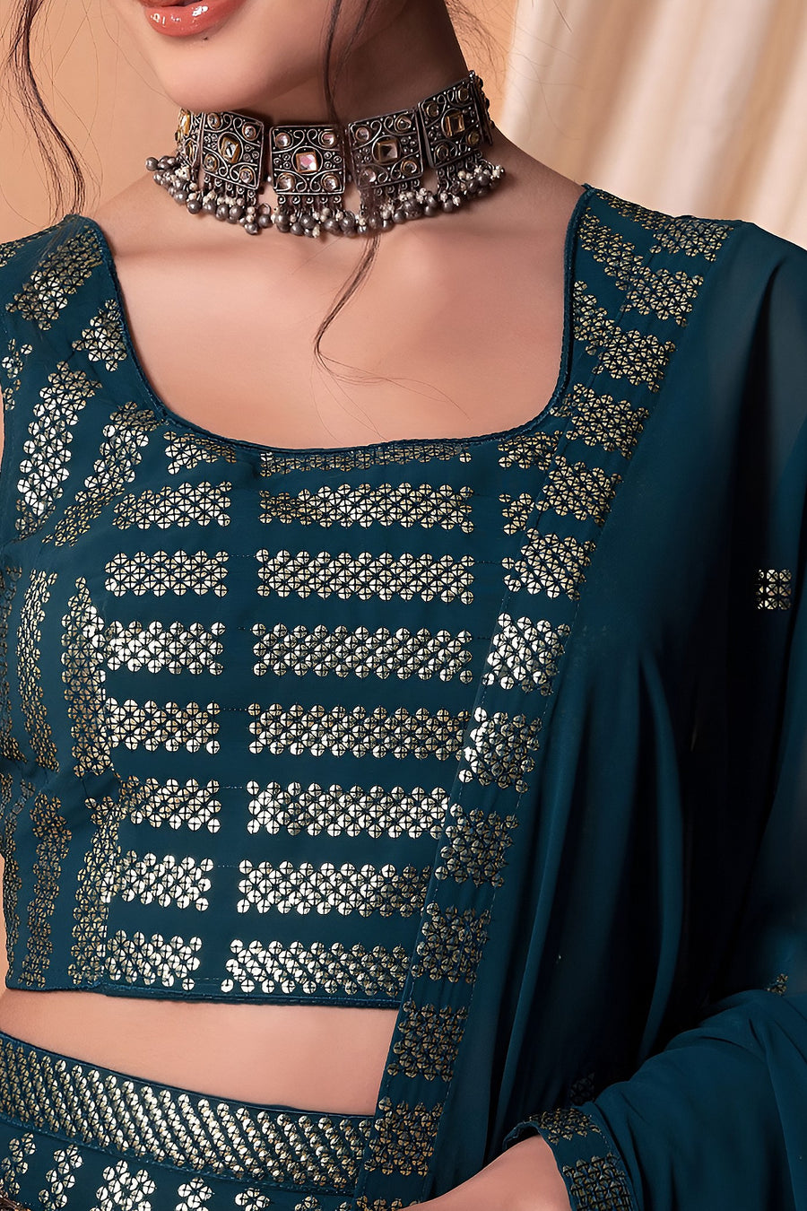 Teal Georgette Lehenga Choli with Thread and Sequins Embroidery