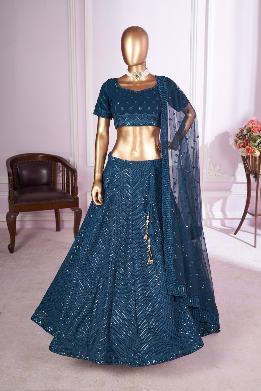 Teal Georgette Lehenga Choli For Indian & Pakistani Wedding Festival - Sequins & Thread Embroidery Work
