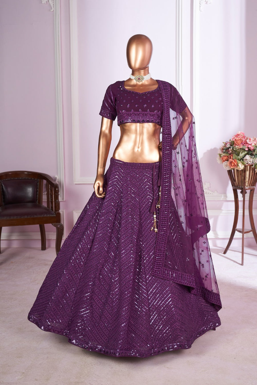 Purple Georgette Lehenga Choli For Indian & Pakistani Wedding Festival - Sequins & Thread Embroidery Work