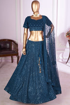 Teal Georgette Lehenga Choli For Indian & Pakistani Wedding Festival - Sequins & Thread Embroidery Work