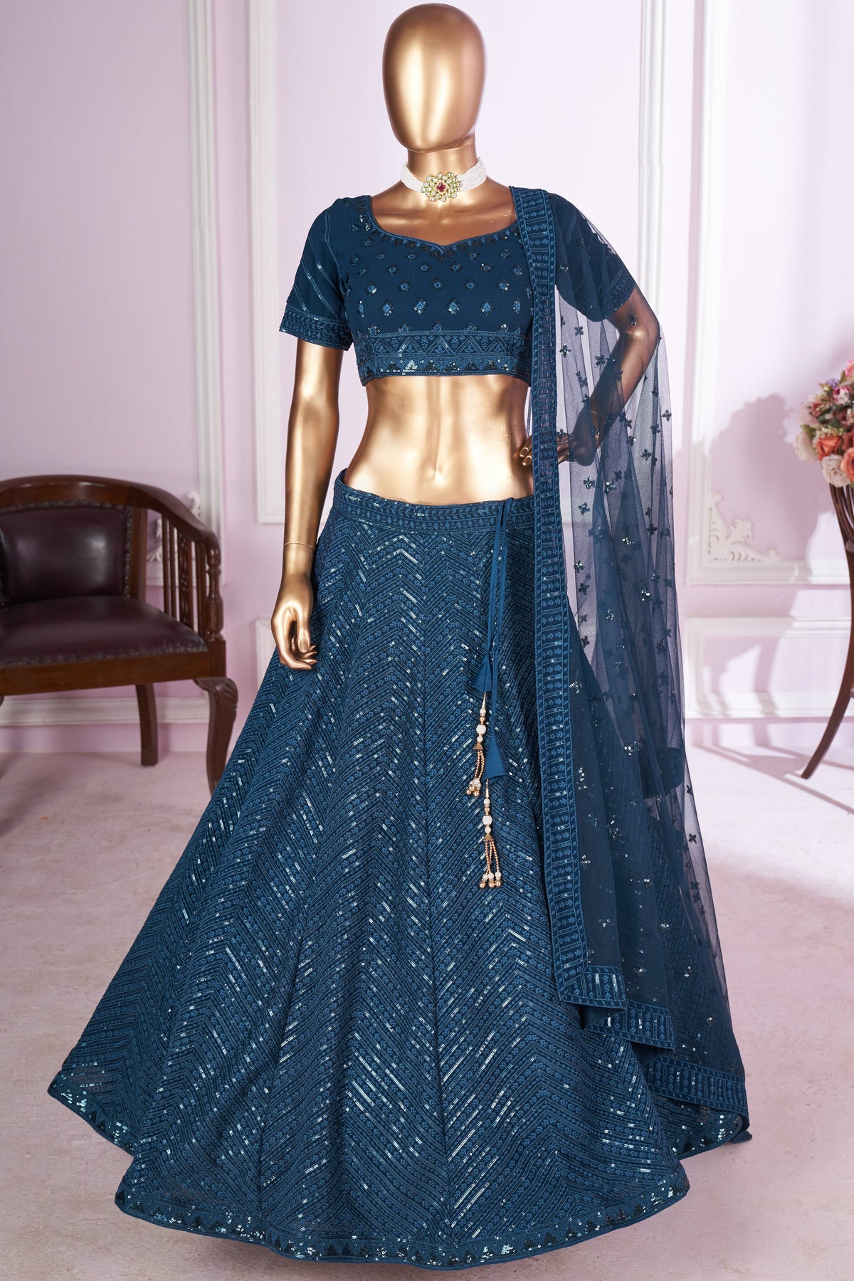 Teal Georgette Lehenga Choli For Indian & Pakistani Wedding Festival - Sequins & Thread Embroidery Work