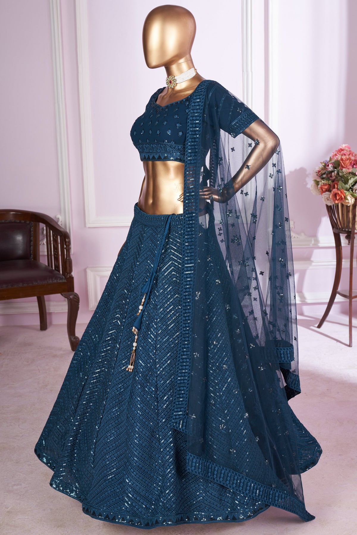 Teal Georgette Lehenga Choli For Indian & Pakistani Wedding Festival - Sequins & Thread Embroidery Work
