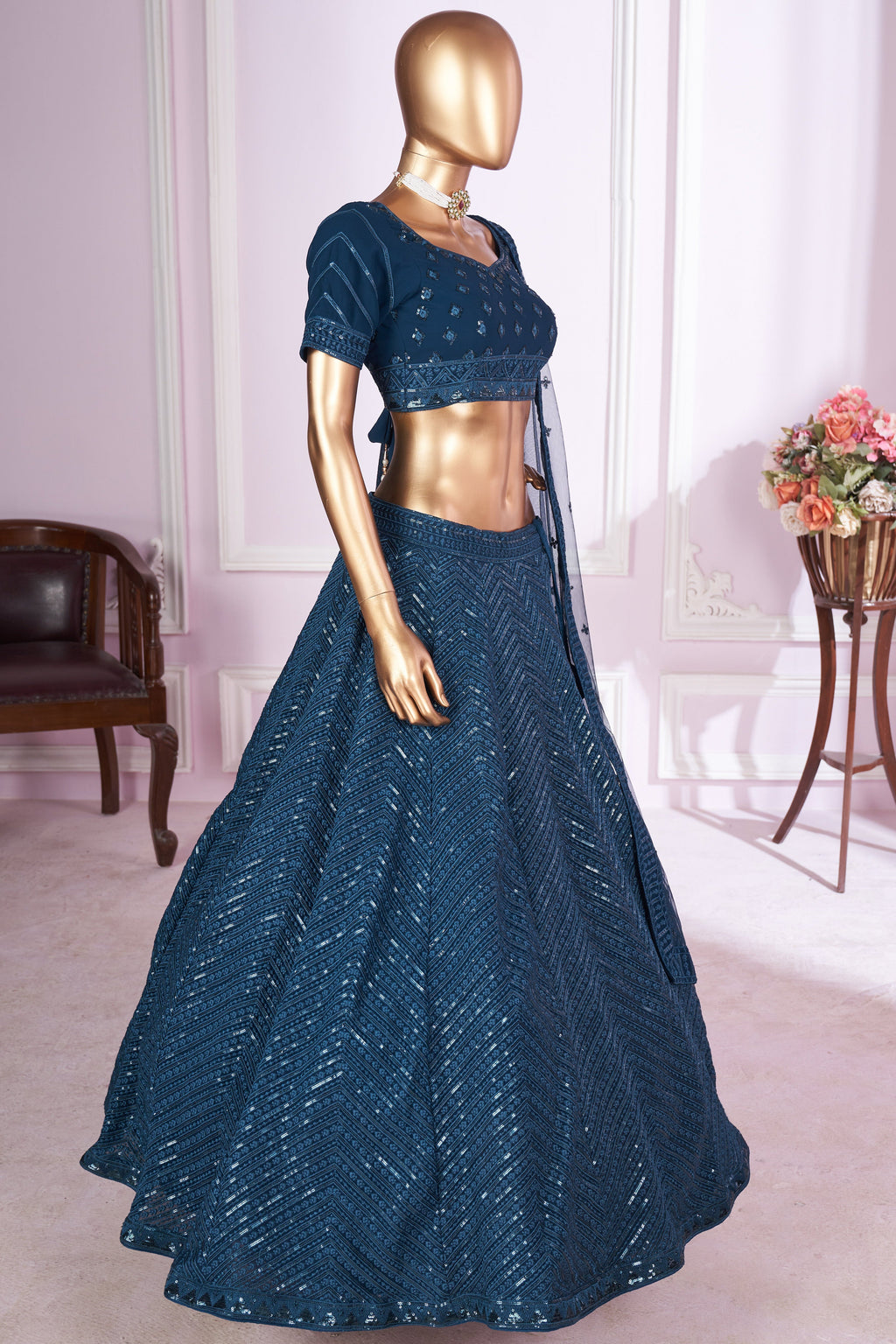 Teal Georgette Lehenga Choli For Indian & Pakistani Wedding Festival - Sequins & Thread Embroidery Work
