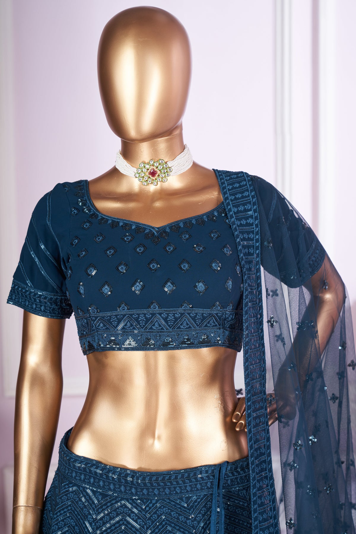 Teal Georgette Lehenga Choli For Indian & Pakistani Wedding Festival - Sequins & Thread Embroidery Work
