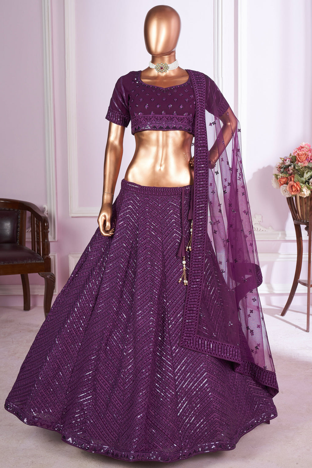 Purple Georgette Lehenga Choli For Indian & Pakistani Wedding Festival - Sequins & Thread Embroidery Work