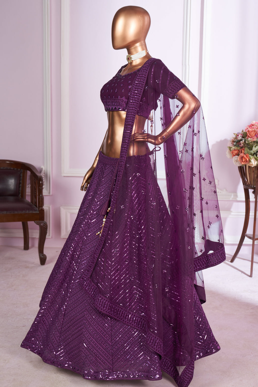 Purple Georgette Lehenga Choli For Indian & Pakistani Wedding Festival - Sequins & Thread Embroidery Work