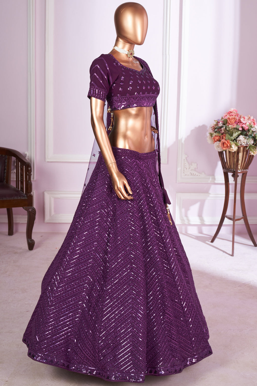 Purple Georgette Lehenga Choli For Indian & Pakistani Wedding Festival - Sequins & Thread Embroidery Work