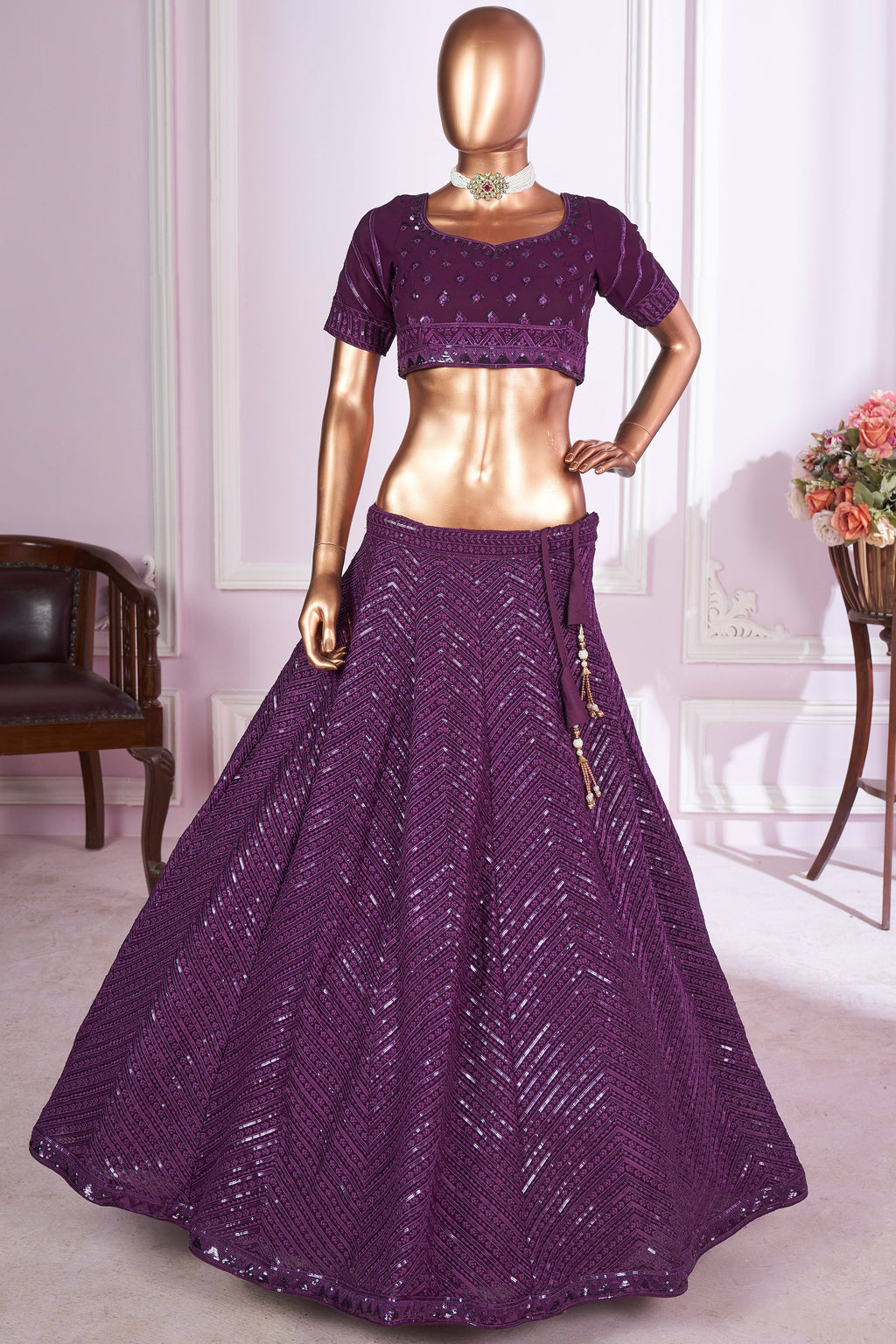 Purple Georgette Lehenga Choli For Indian & Pakistani Wedding Festival - Sequins & Thread Embroidery Work
