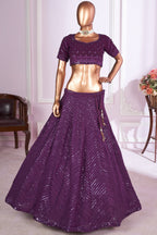 Purple Georgette Lehenga Choli For Indian & Pakistani Wedding Festival - Sequins & Thread Embroidery Work