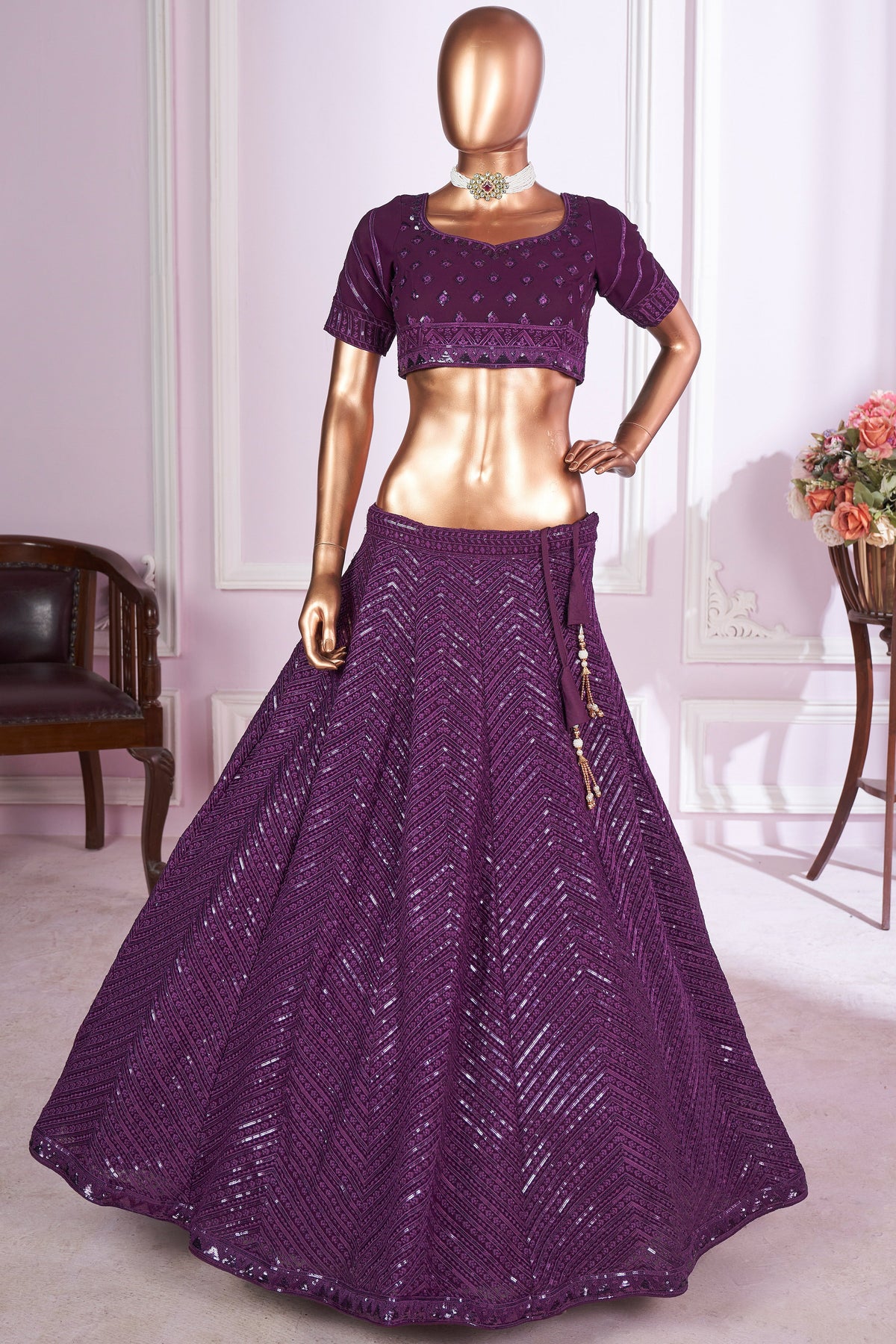 Purple Georgette Lehenga Choli For Indian & Pakistani Wedding Festival - Sequins & Thread Embroidery Work