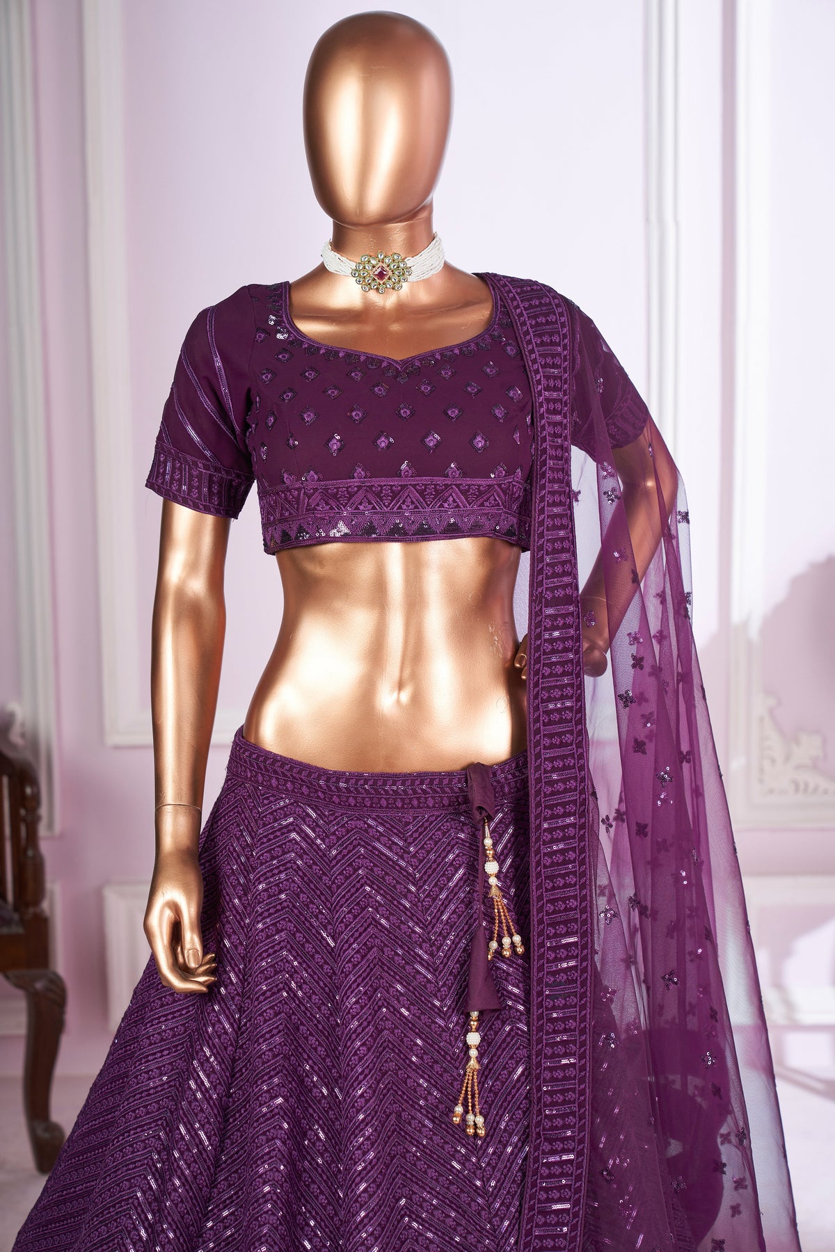 Purple Georgette Lehenga Choli For Indian & Pakistani Wedding Festival - Sequins & Thread Embroidery Work