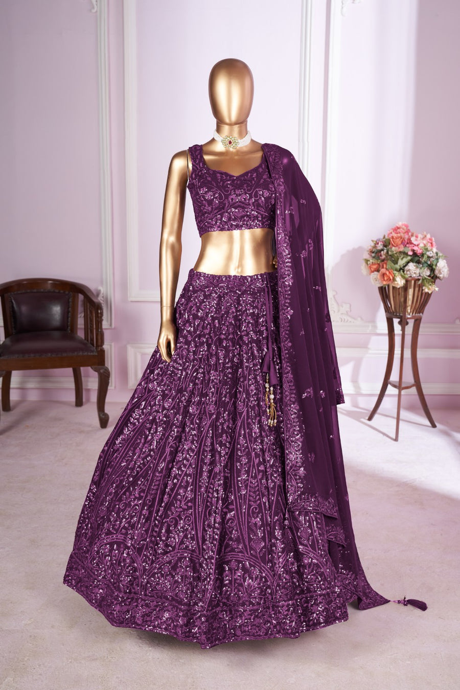 Dark Magenta Georgette Lehenga Choli For Indian & Pakistani Wedding Festival - Sequins & Thread Embroidery Work