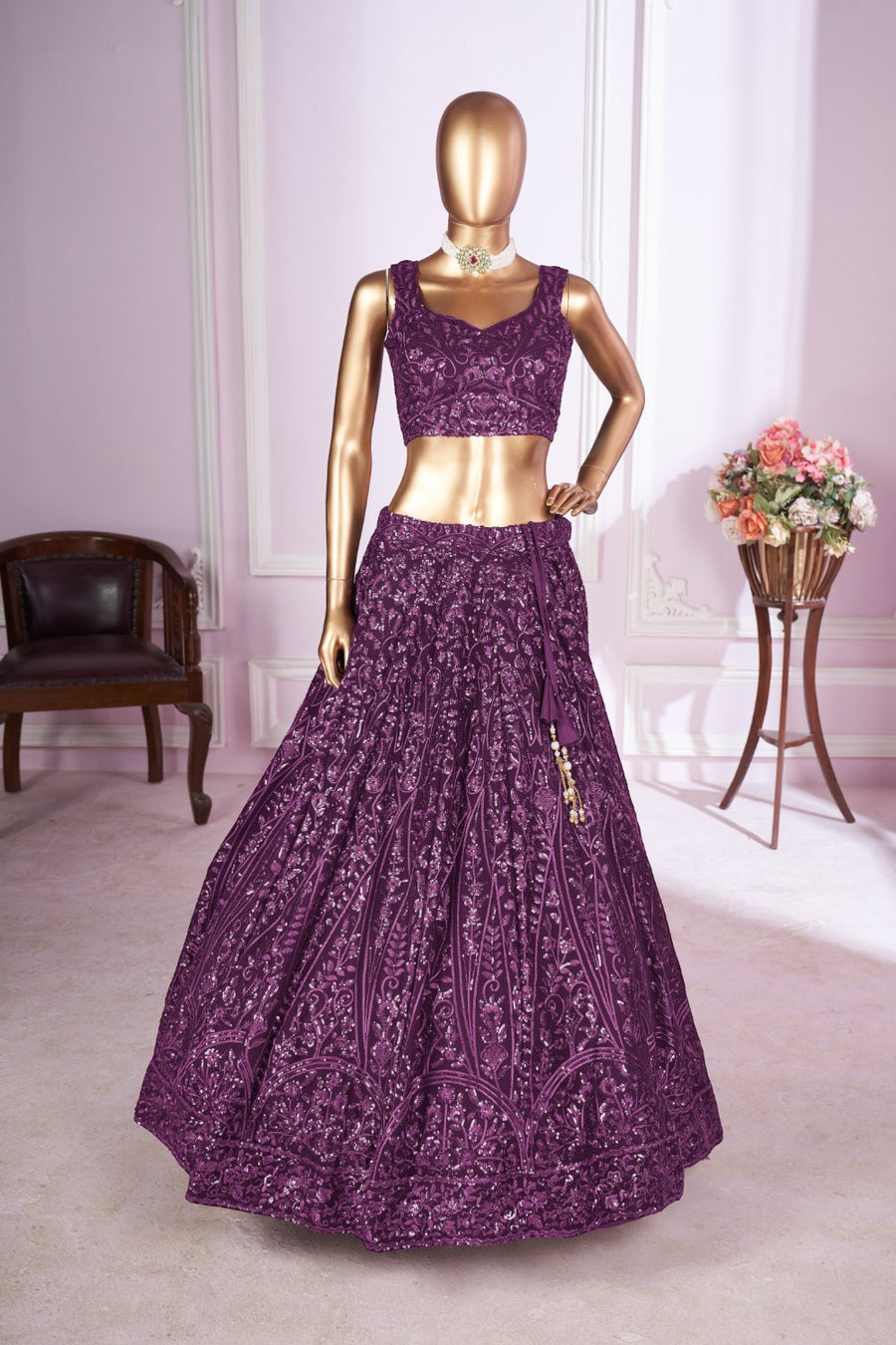 Dark Magenta Georgette Lehenga Choli For Indian & Pakistani Wedding Festival - Sequins & Thread Embroidery Work