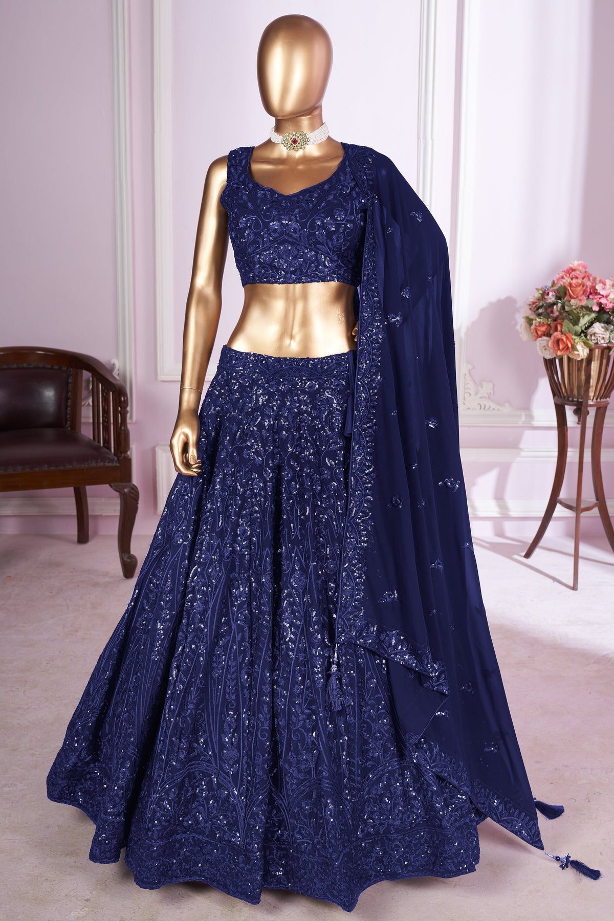 Navy Blue Georgette Lehenga Choli For Indian & Pakistani Wedding Festival - Sequins & Thread Embroidery Work