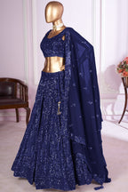 Navy Blue Georgette Lehenga Choli For Indian & Pakistani Wedding Festival - Sequins & Thread Embroidery Work