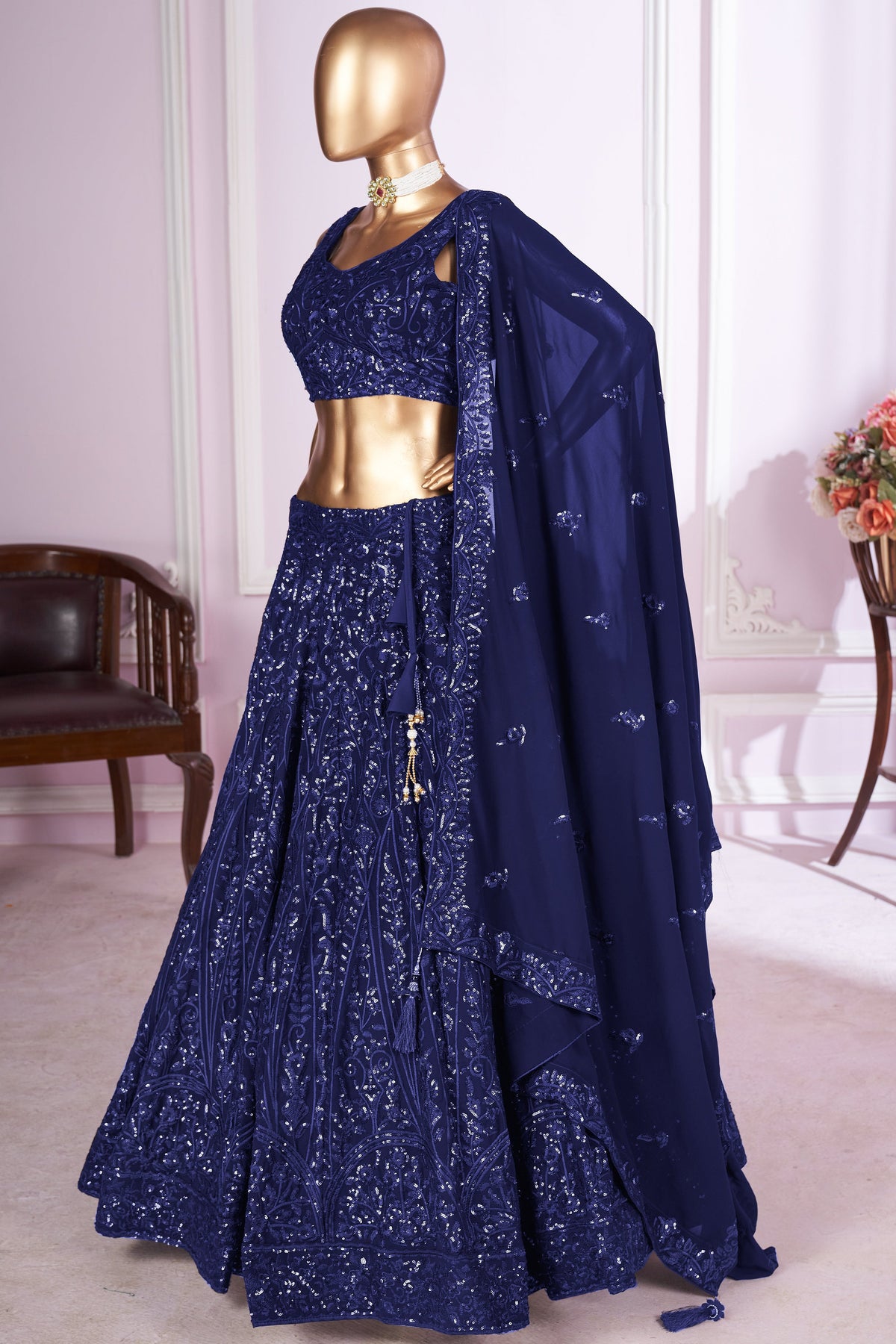 Navy Blue Georgette Lehenga Choli For Indian & Pakistani Wedding Festival - Sequins & Thread Embroidery Work